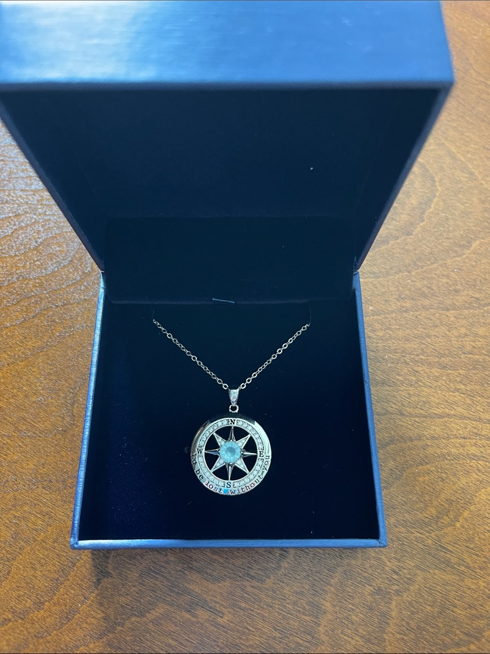 Silver Compass Star Pendant Necklace with Blue Center